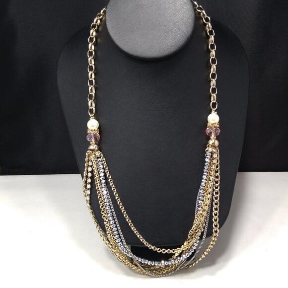 Chico's Pink Crystal Faux Pearl Multi-Strand Chain Necklace, 27 Inches - Picture 6 of 12